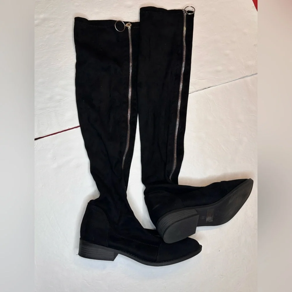 Black Over-the-Knee Women's Boots Suede Flat Tall Warm Long Boots ZipUp Size 8.5